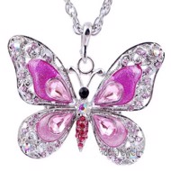 Børne halskæde  - lyserød sommerfugle med sten
